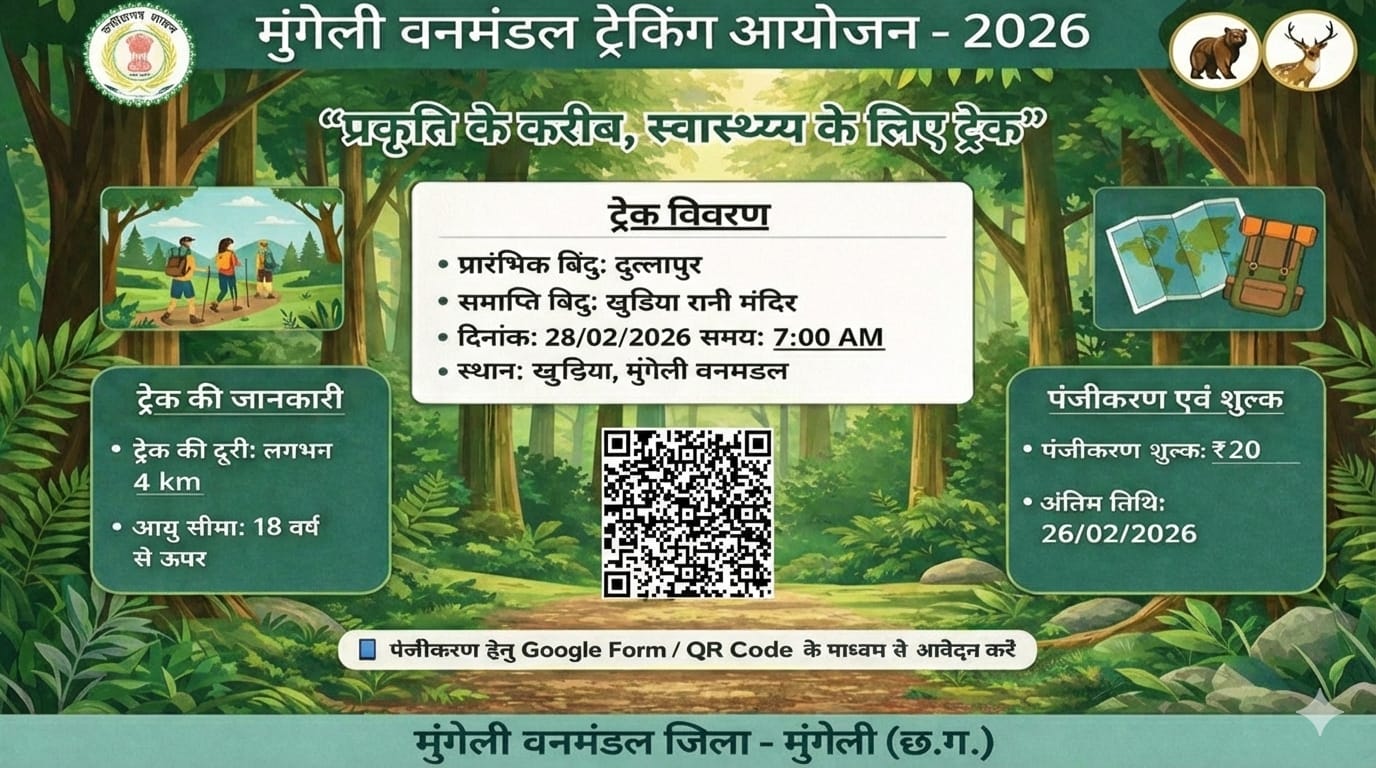 हेडिंग:मुंगेली वनमंडल में 28 फरवरी को ट्रेकिंग कार्यक्रम, युवाओं को प्रकृति से जुड़ने का अवसर