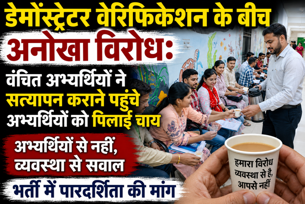 डेमोंस्ट्रेटर भर्ती विवाद: वंचित अभ्यर्थियों का अनोखा विरोध, सत्यापन कराने पहुंचे अभ्यर्थियों को पिलाई चाय