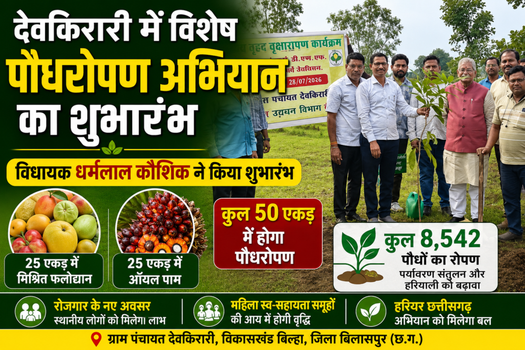 देवकिरारी में 50 एकड़ में होगा मिश्रित फलोद्यान और ऑयल पाम का पौधरोपण, विधायक धर्मलाल कौशिक ने अभियान का किया शुभारंभ