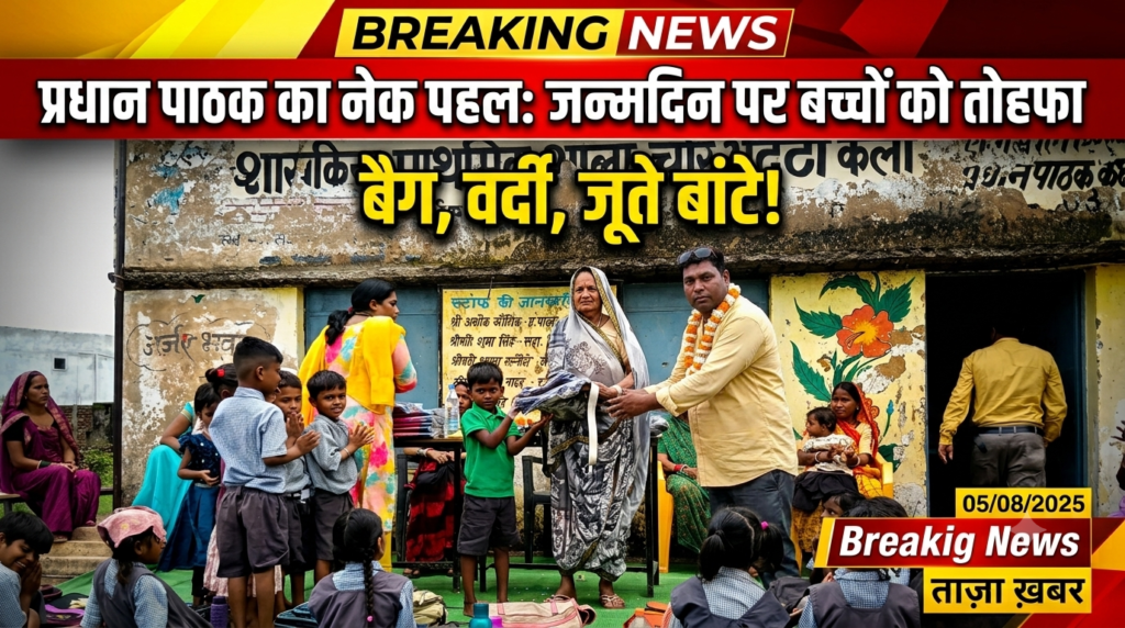 प्रधान पाठक के जन्मदिन पर विद्यार्थियों को बैग, जूते व अन्य सामग्री का वितरण