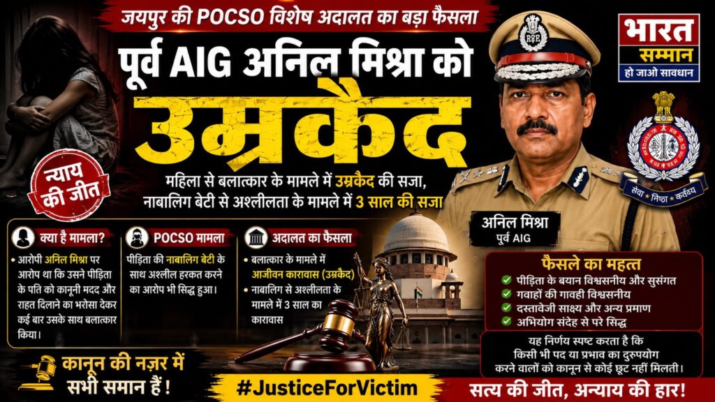 जयपुर POCSO विशेष अदालत का बड़ा फैसला: पूर्व AIG अनिल मिश्रा को उम्रकैद, नाबालिग से अश्लील हरकत मामले में 3 साल की सजा