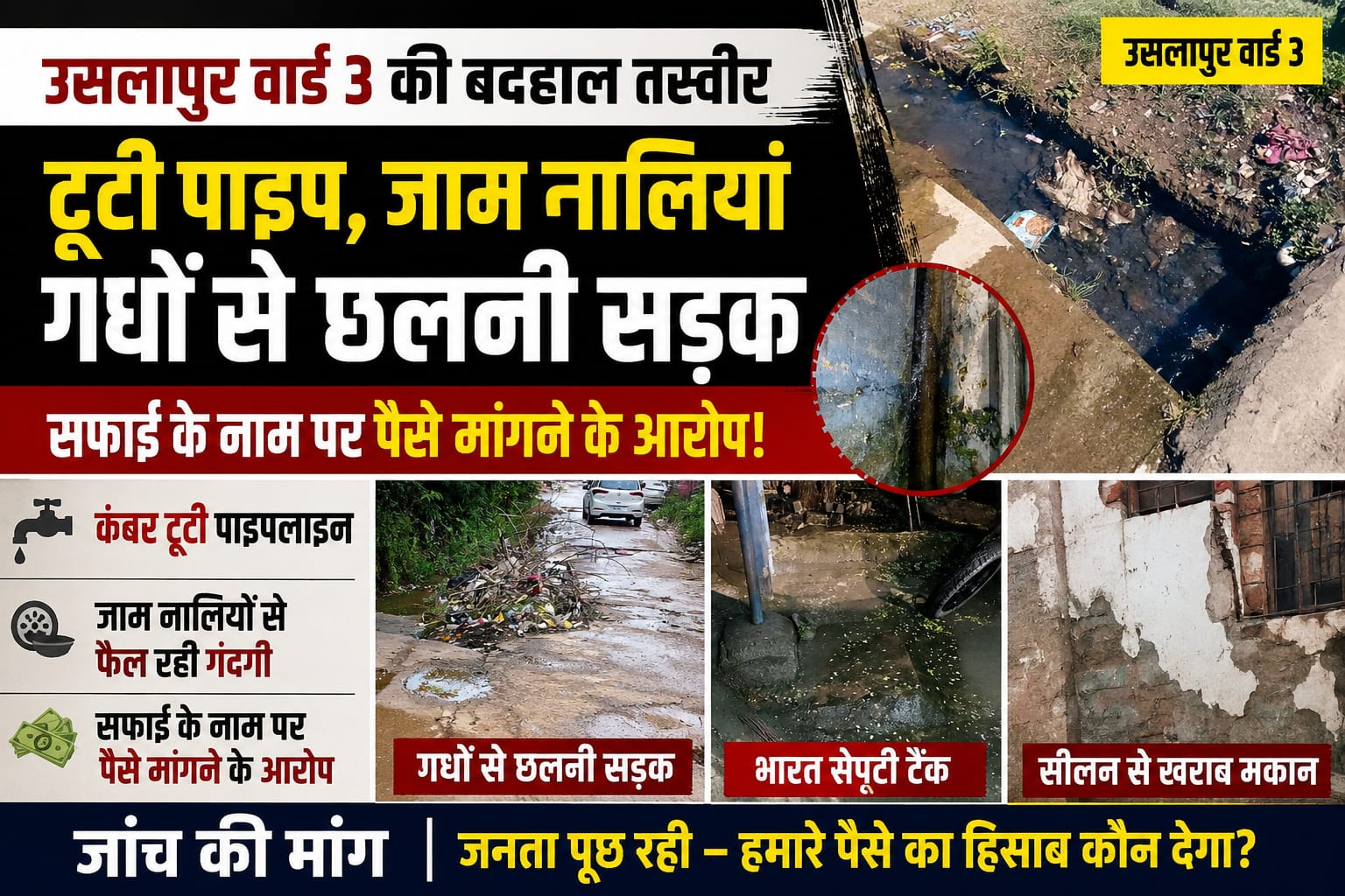 उसलापुर के वार्ड-3 में बदहाली का अंबार, टूटी पाइपलाइन और जाम नालियों से रहवासी परेशान