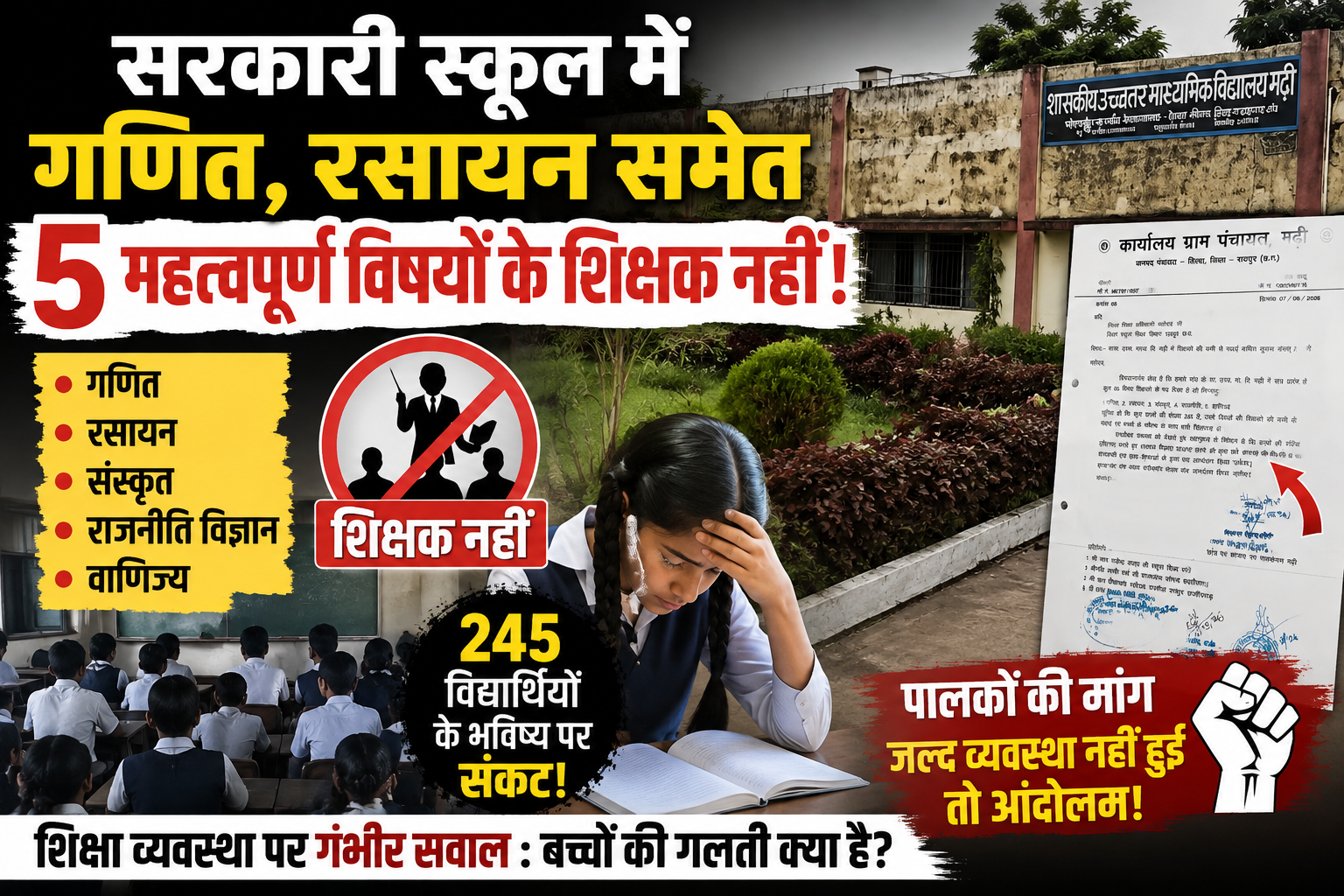 सरकारी स्कूल में 5 महत्वपूर्ण विषयों के शिक्षक नहीं, 245 विद्यार्थियों की पढ़ाई प्रभावित