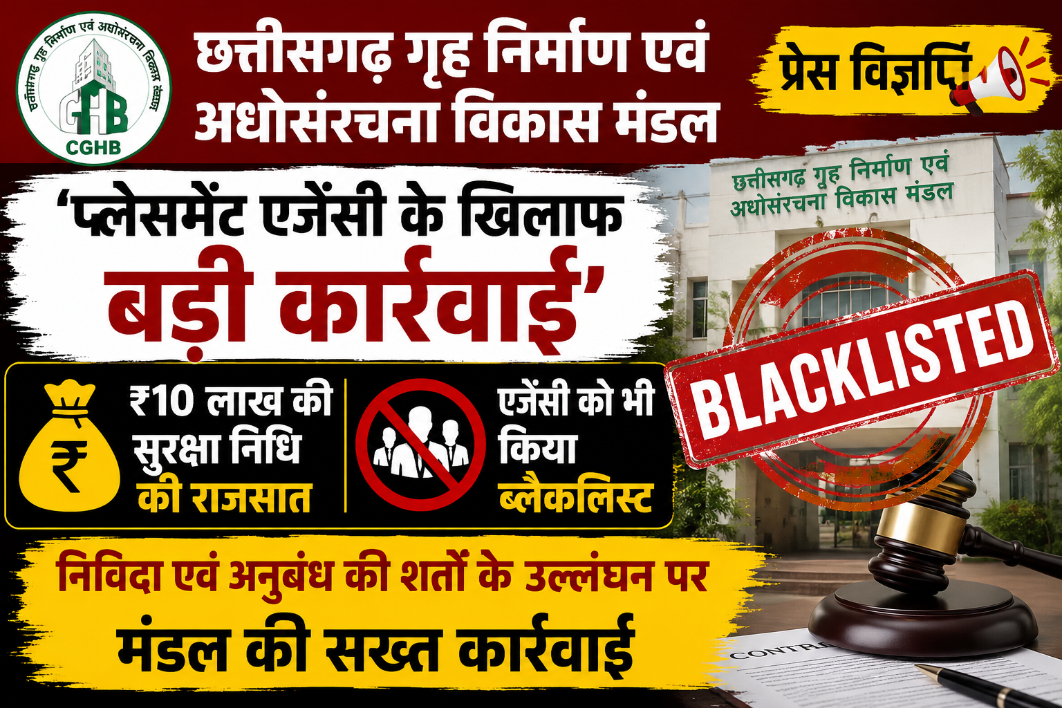 प्लेसमेंट एजेंसी पर छत्तीसगढ़ गृह निर्माण मंडल की बड़ी कार्रवाई, ₹10 लाख की Performance Security राजसात